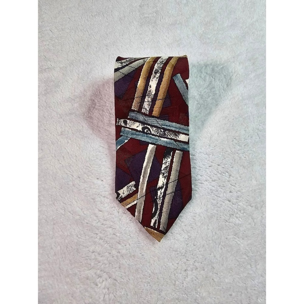Etienne Aigner Vintage 80s 90s Abstract Brushstroke Silk Tie Burgundy Wide Blade